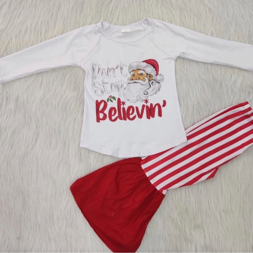 Girls “Don't Stop Believin" Santa Claus Bell Striped Flare Pant Set Sz 8-9T NEW